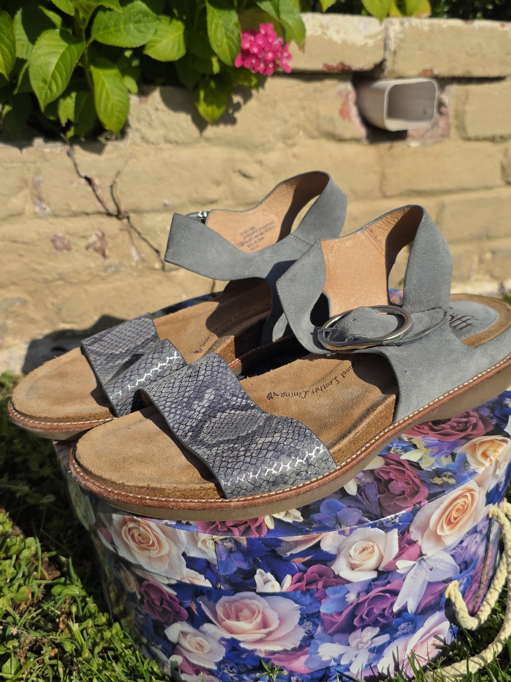 Sofft Grey Suede Sandals with Snake-Print Strap, Size 10, NWOT